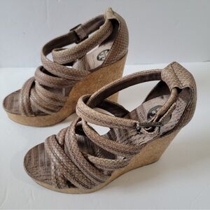Tory BurchTaupe Python Embossed Leather Strappy Cork Wedges Sandals